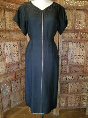 Vintage 1950s Jeri James Plus Size Black Rayon Faille Sheath Dress Ladder Trim